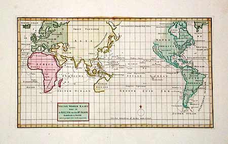 Nieuwe Wereld Kaart waar in de Reizen van den Hr. Anson Rondsom de Wereld met een gestipte Linie worden aangewezen