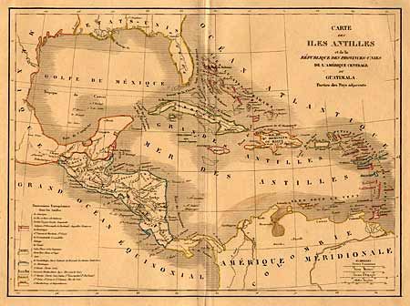 Carte des Iles Antilles et de la Republique des Provinces-Unies de l'Amerique Centrale ou Guatimala. Parties des Pays adjacents