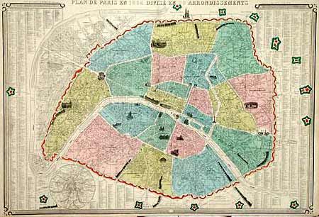 Plan de Paris en 1864 Divise en 20 Arrondissements