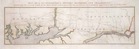 Map of a Reconnaissance Between Baltimore and Philadelphia exhibiting the several routes of the Mail Road contemplated by the resolution of Congress approved on the 4th of May 1826