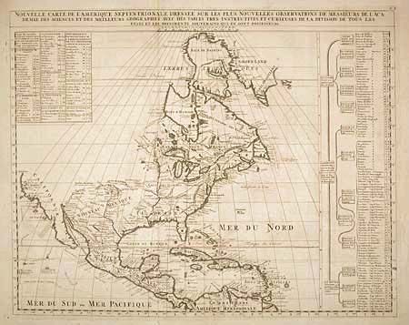 Nouvelle Carte de l' Amerique Septentrionale dressee sur les plus Nouvelles Observations de Messieurs de l' Academie des Sciences et des Meilleurs Geographes avec des tables tres instructives et curieuses de la division de tous les Etats