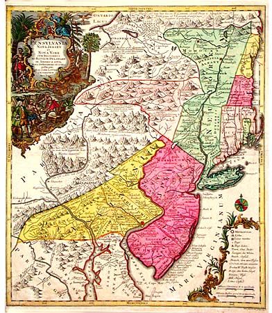 Pensylvania Nova Jersy Et Nova York Cum Regionibus Ad Fluvium Delaware in America Sitis,