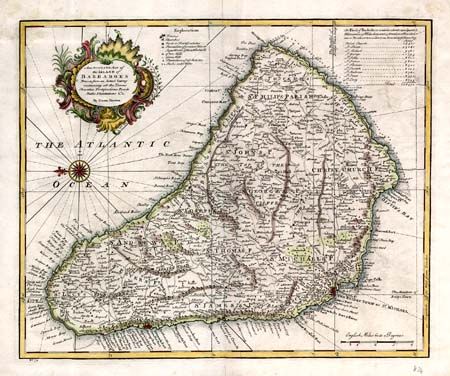 An Accurate Map of the Island of Barbadoes Drawn from an Actual Survey containing all the Towns Churches Fortifications Roads Paths Plantatinos &c.