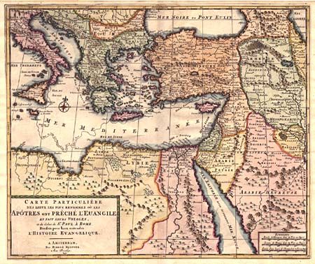 Carte Particuliere des Lieux les Plus Renommez ou les Apotres ont Preche l' Euangile et fait Leur Voyages, et de Celui de St. Paul a Rome