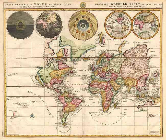 Carte Generale du Monde, ou Description Generale Waereld Kaart, of Beschryuing du Monde Terrestre & Aquatique. van de Land en Water Waereld