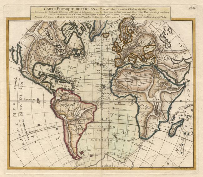 Carte Physique de l' Ocean ou l' on voit des Grandes Chaines de Montagnes qui traversent les Continents d' Europe, d' Afrique et d' Amerique...