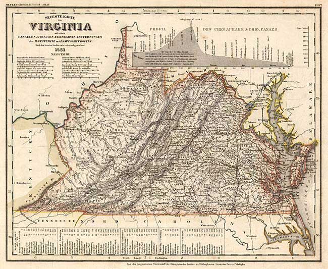 Neueste Karte von Virginia mit seinen Canaelen, Strassen, Eisenbahnen, Entfernungen der Hauptpunkte und Damfs Chiff Routen