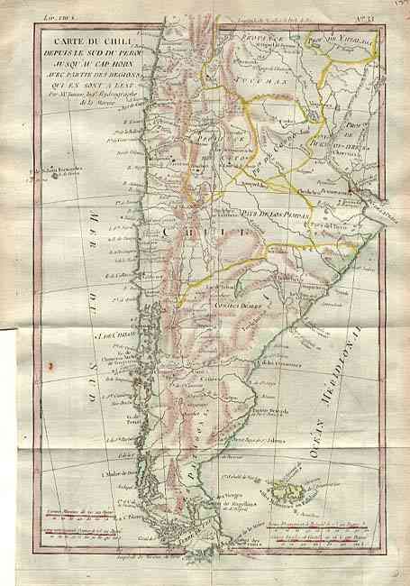 Carte du Chili depuis le Sud du Perou Jusqu' au Cap Horn avec Partie des Regions qui en Sont a l' Est