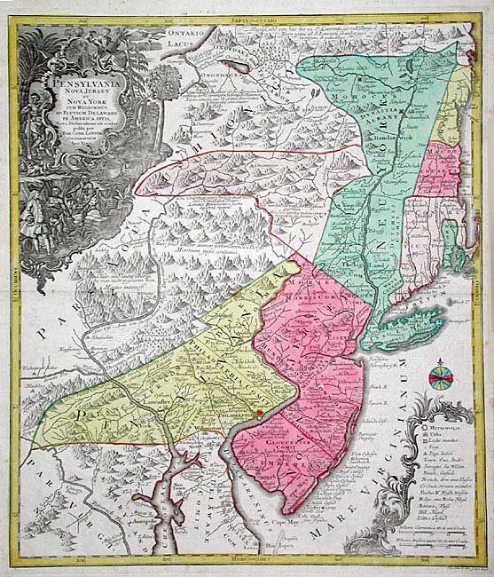 Pensylvania Nova Jersey et Nova York cum Regionibus ad Fluvium Delaware in America Sitis