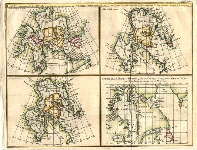 Carte qui represente les differentes connoissances que l' on a eues des Terres Arctiques depuis 1650, jusqu ' en 1747