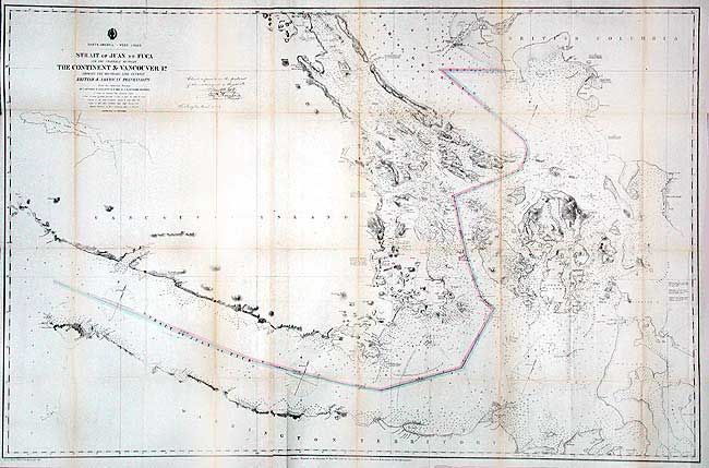 North America - West Coast: Strait of Juan de Fuca and the Channels Between the Continent & Vancouver Id. Showing the Boundary Line Between British & American Possessions