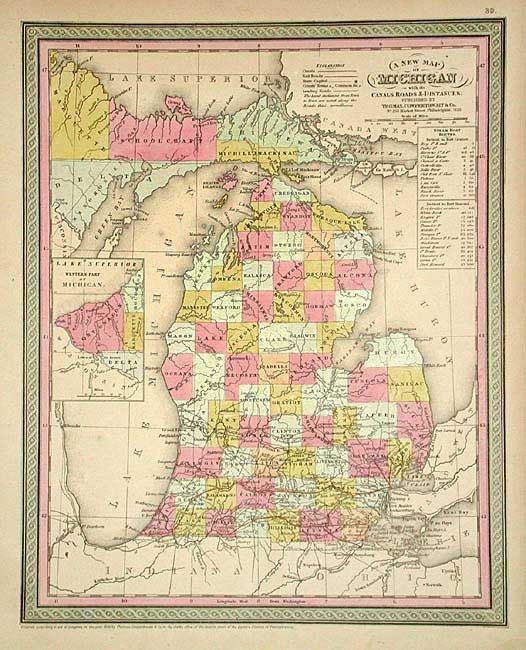 A New Map of Michigan with its Canals, Roads & Distances