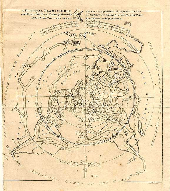 A Physical Planisphere wherein are represented all the known Lands and Seas in the Great Chains of Mountains wch. traverse the Globe from the North Pole