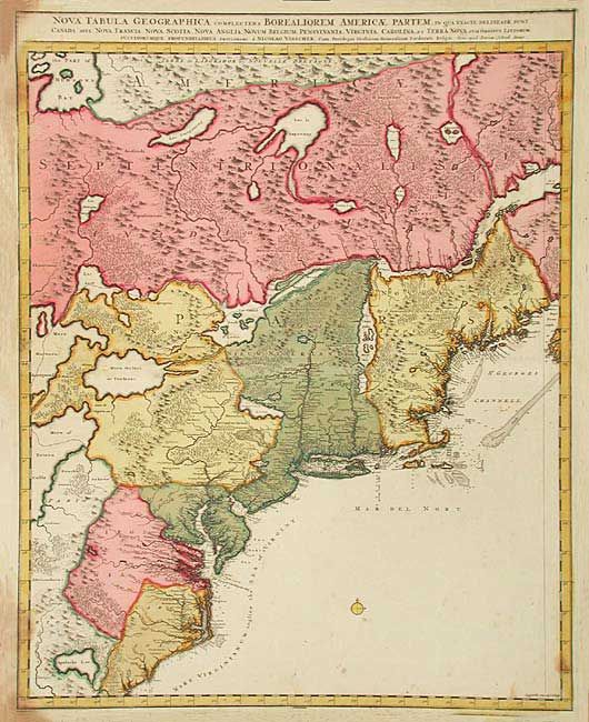 Nova Tabula Geographica complectens Borealiorem Americae Partem; in qua exacte delineatae sunt Canada sive Nova Francia, Nova Scotia, Nova Anglia, Novum Belgium, Pensylvania, Virginia, Carolina, et Terra Nova, cum Omnibus Littorum