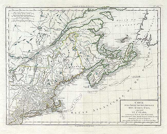 Carte de la Partie Septentrionale des Etats Unis, comprenant le Canada, La Nouvelle Ecosse, New Hampshire, Massachuset's Bay, Rhode-Island, Connecticut, New-Yorck, Etat de Vermont avec partie de Pensilvanie et de New-Jersey.
