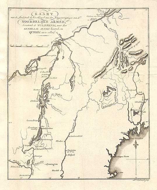Kaart van de Landstreek die het TooneelNoordelijke Armee,Wildernis,  waar door Generaal Arnold heentrok, om Quebec aan te vallenl.