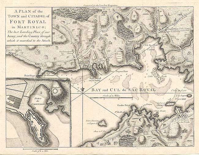 A Plan of the Town and Citadel of Fort Royal in Martinico; The last Landing Place of our Army, and the Country through which it marched to the Attack