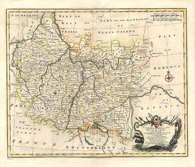 A New and Correct Map of the South West part of GermanyMentz and TriersPalatinate of the RhineWirtemberg, Franconia, Swabia, Alsace, Lorrain, &c.