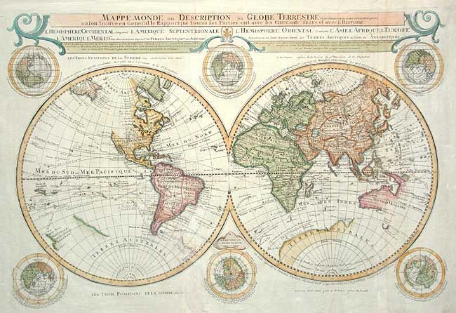 Mappe Monde ou Description du Globe Terrestre vu en Concave ou en creux en Deux Hemispheres