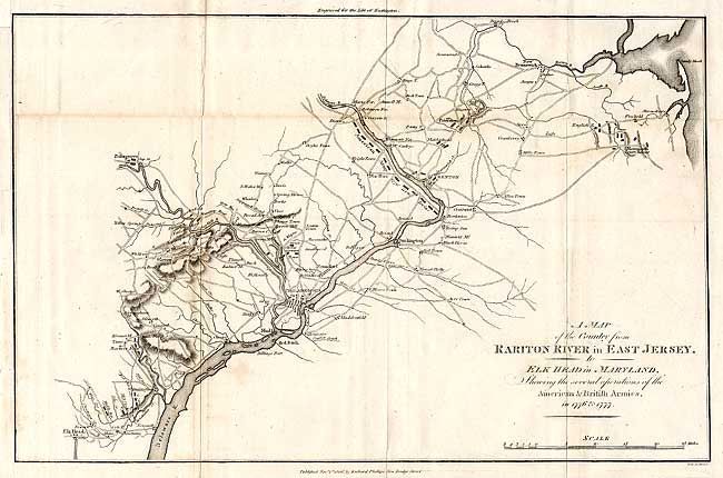 A Map of the Country from Rariton River in East Jersey, to Elk Head in Maryland, Shewing the several operations of the American & British Armies, in 1776 & 1777