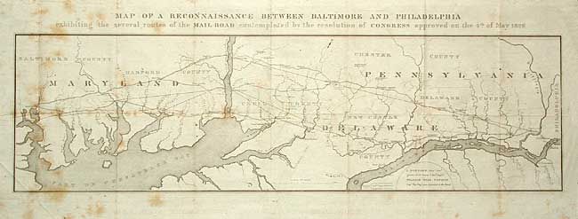 Map of a Reconnaissance Between Baltimore and Philadelphia exhibiting the several routes of the Mail Road