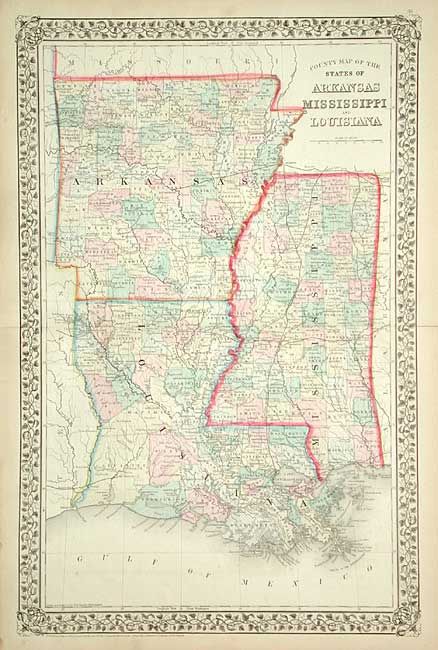 County Map of the States Arkansas Mississippi, and  Louisiana