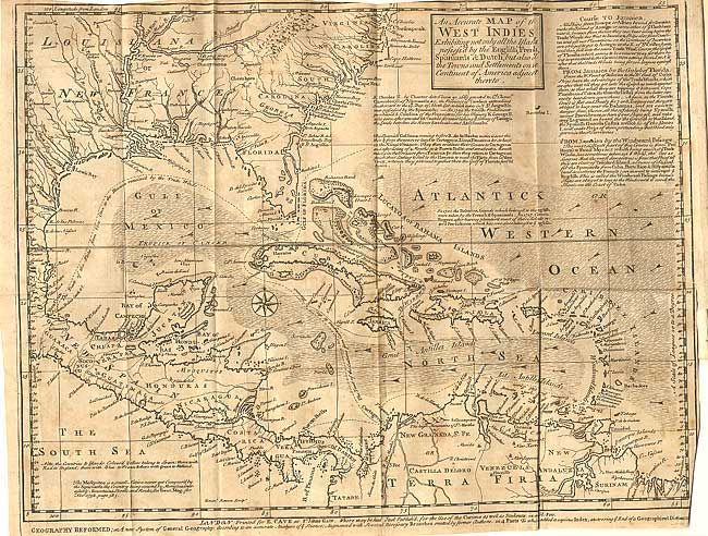 An Accurate Map of the West Indies, Exhibiting not only all the Islands possess'd by the English, French Spaniards, & Dutch, but also all Towns and Settlements on the Continent of America adjacent thereto