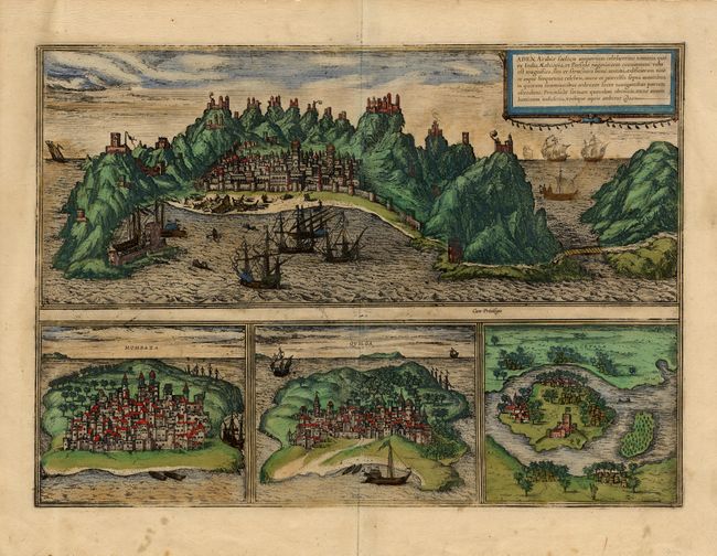 Aden, Arabiae Foelicis Emporium Celeberrimi Nominis, quo ex India, Aethiopia ... [on sheet with] Mombaza [and] Quiloa [and] Cefala