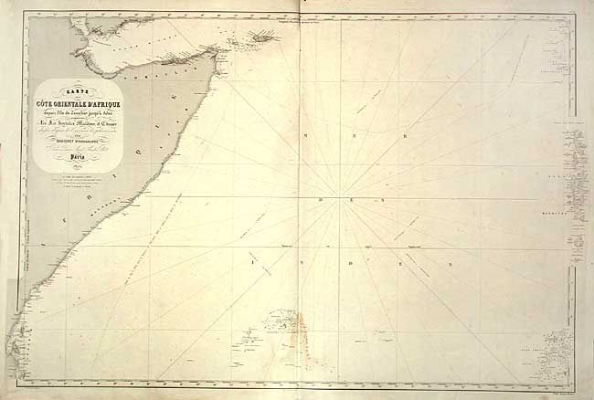 Carte de la Cote Orientale d' Afrique depuis l' lle de Zanzibar jusqu'a Aden, les Iles Seychelles Maldives, et Chagos
