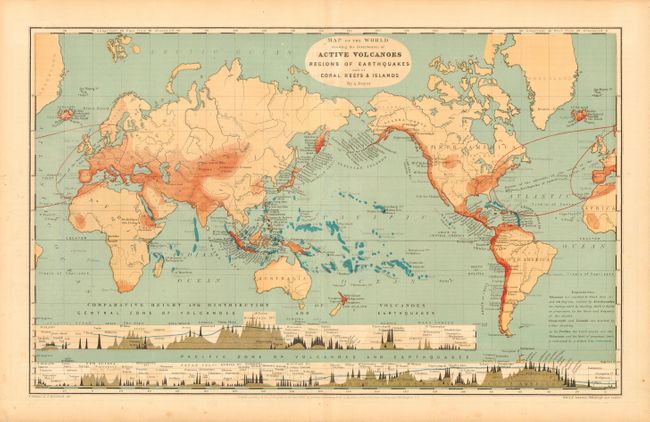 Map of the World showing the Distribution of Active Volcanoes Regions of Earthquakes and of Coral Reefs & Islands