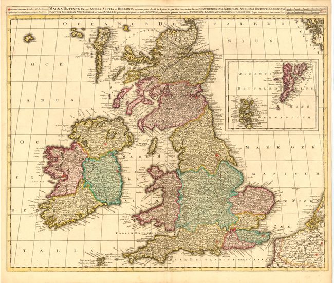 Magna Britannia, aut Anglia, Scotia et Hibernia, quarum prior divisa in septem Regna, sive Provincias, dictas Northumbriam, Merciam, Angliam Orient : Essexiam, Cantium, Sus Sexiam, Westsexiam, et Princi: Walliae: posterior in Septent: et Austr: Scotiam