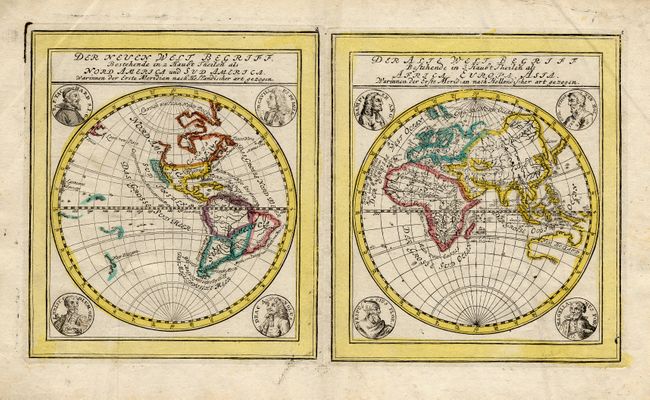 Der Neuen Welt Begriff, Bestehende in 2 Haubt Theilen als Nord America und Sud America ... [on sheet with] Der Alte Welt Begriff ... Africa, Europa, Asia 