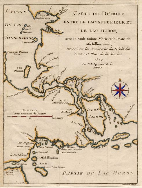 Carte du Detroit entre le Lac Superieur et le Lac Huron, avec le Sault Sainte Marie et le Poste de Michillimakinac