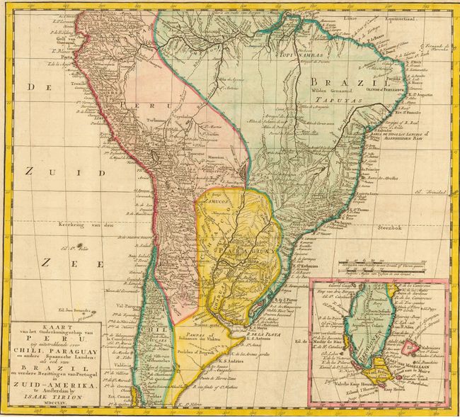 Kaart van het Onderkoningschap van Peru, zig uitstrekkende over Chili, Paraguay en andere Spaansche Landen: als ook van Brazil en verdere Bezitting en van Portugal in Zuid-Amerika.