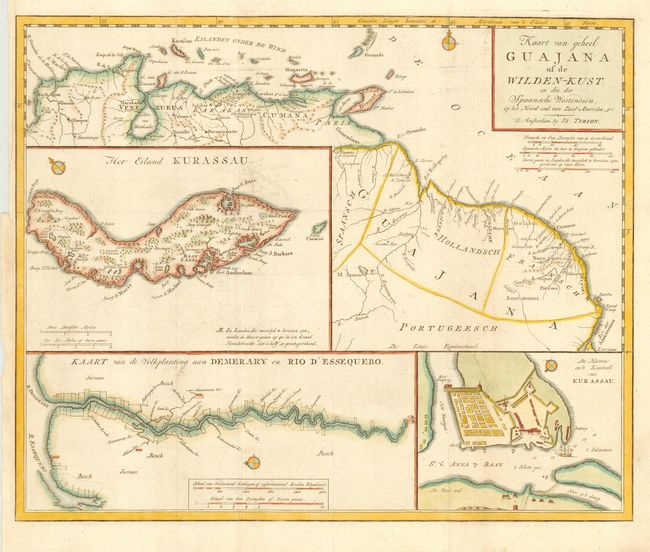 Kaart van geheel Guajana of de Wilden-kust, en die der Spaansche Westindien, op het Noord-end van Zuid-Amerika