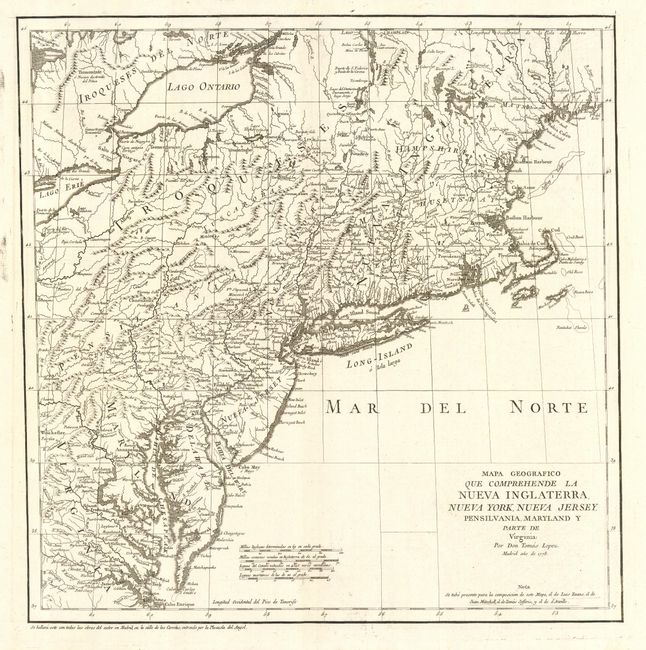 Mapa Geografico Que Comprehende La Nueva Inglaterra, Nueva York, Nueva Jersey, Pensilvania, Maryland y Parte de Virginia