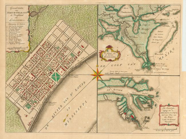 Grondvlakte van Nieuw Orleans, de Hoofdstad van Louisiana [on sheet with] De Uitloop van de Rivier Missisippi [and] De Oostelyke Ingang van de Missisippi, met een Plan van het Fort, 't Welk het Kanaal Beheerscht