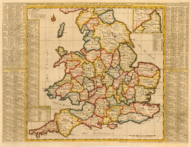 Nouvelle Carte de l'Angleterre dans Laqu'elle l'on observe les Comtez, les Archeves, chez les Eveschez, les Univeristez, les Villes, et les Bourgs 