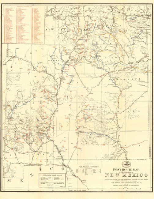 Post Route Map of New Mexico Showing Post Offices with the Immediate Distances and Mail Routes in Operation on the 1st of June 1901.