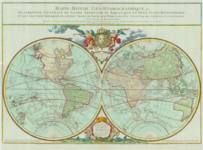 Mappe-Monde Geo-Hydrographique, ou Description Generale du Globe Terrestre et Aquatique, en Deux Plans - Hemispheres