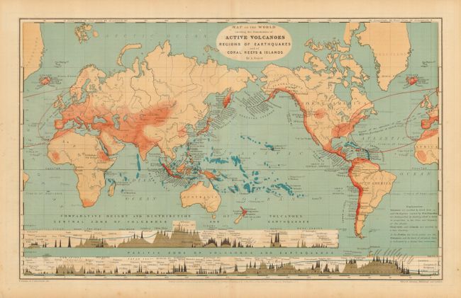 Map of the World showing the Distribution of Active Volcanoes Regions of Earthquakes and of Coral Reefs & Islands