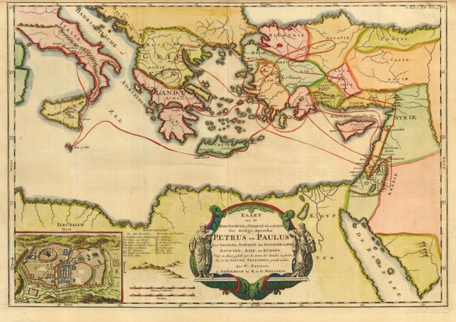Kaart van de Reis-Tochten en Verblyf-Plaatsen der Heilige Apostelen Petrus en Paulus door Galilea, Samarie, het Ioodcshe Land, Egypten, Asie en Europa