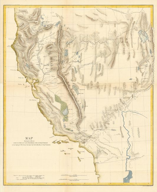 Map Showing the different routes travelled over by the Detachments of the overland Command in the Spring of 1855 from Salt Lake City Utah to the Bay of San Francisco