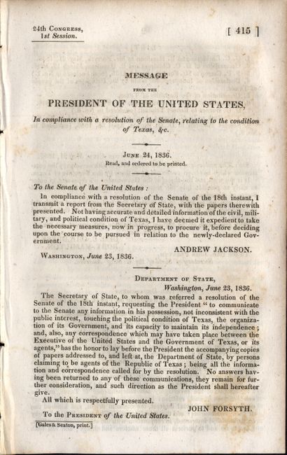 Message from the President of the United States  relating to the condition of Texas, &c. June 24, 1836