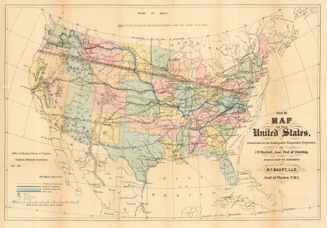 Plate III.  Map of the United States. Constructed on the Rectangular Tangential Projection, by J. H. Waddell, Asst. Prof.of Drawing