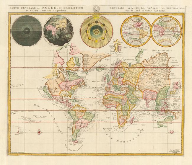 Carte Generale du Monde ou Description du Monde Terrestre & Aquatique.  Generale Waereld Kaart of Beschryving van de Land en Water Waereld