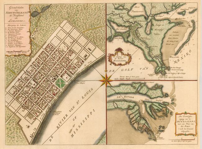 Grondvlakte van Nieuw Orleans, de Hoofdstad van Louisiana [on sheet with] De Uitloop van de Rivier Missisippi [and] De Oostelyke Ingang van de Missisippi, met een Plan van het Fort, 't Welk het Kanaal Beheerscht