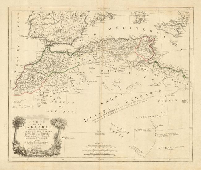Carte de la Barbarie contenant les Royaumes de Maroc, de Fez d' Alger, de Tunis et de Tripoli, Avec les Deserts..