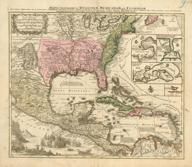 Mappa Geographica Regionem Mexicanam et Floridam. Terrasque  adjacentes, ut et Anteriores Americae Insulas, Cursius itidem et Reditus Navigantium versus flumen Missispi et alias Colonias