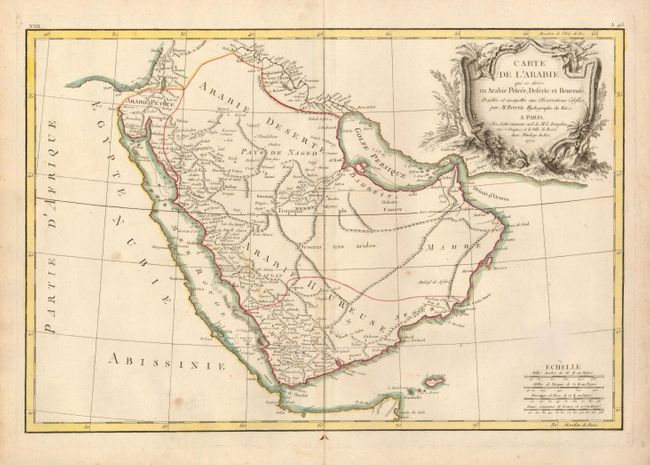 Carte de l'Arabie qui se divise en Arabie Petree, Deserte et Heureuse